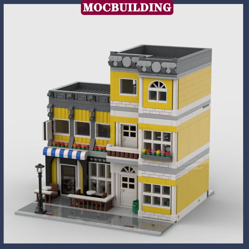 MOC Stadt Gebäude Modulare Haus Streetcafe Modell Baustein Montage Gelb Shop Street View Sammlung Serie Spielzeug Geschenke