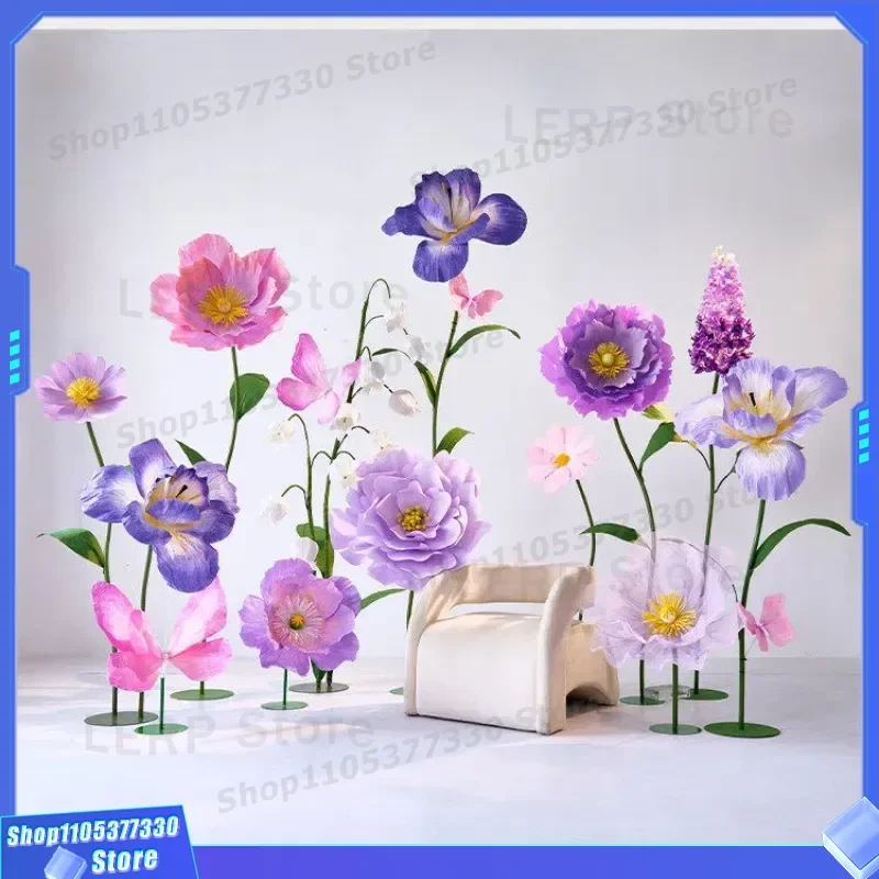 Giant Purple Paper Flower Art 3D Wall Decor Simulated Blossom for Monet Garden Scene Butterfly Landscape Arrangement Home