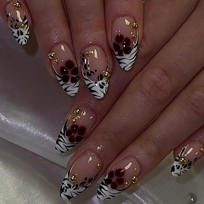 

24PCS Zebra Stripes Simple French Press on Nails Red Flowers Almond with Golden Patterns Fake Nails for Women Wearable Nail Tips