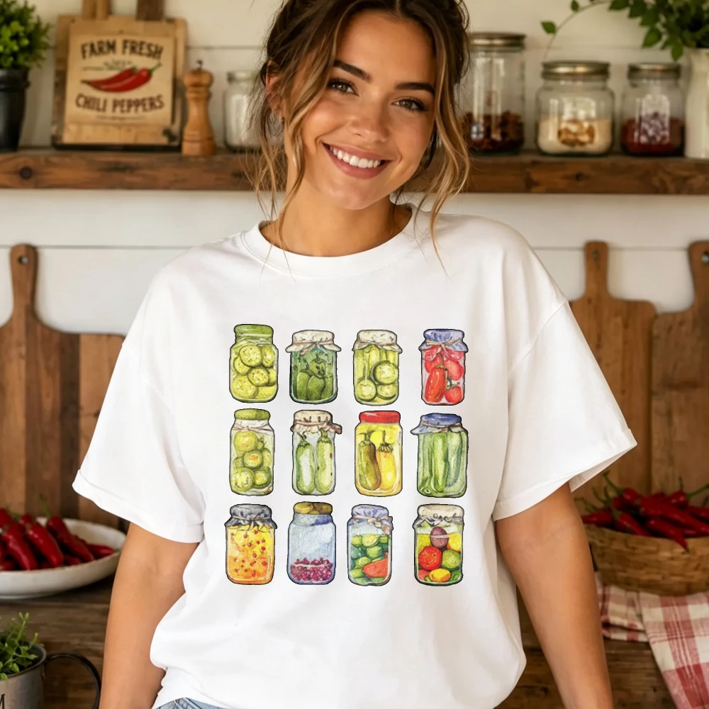 Watercolor Pickled Vegetables Glass Jars Assorted Cucumber Chili Tomato Print Women T Shirt Cotton Tee Homemade Food Casual Tops