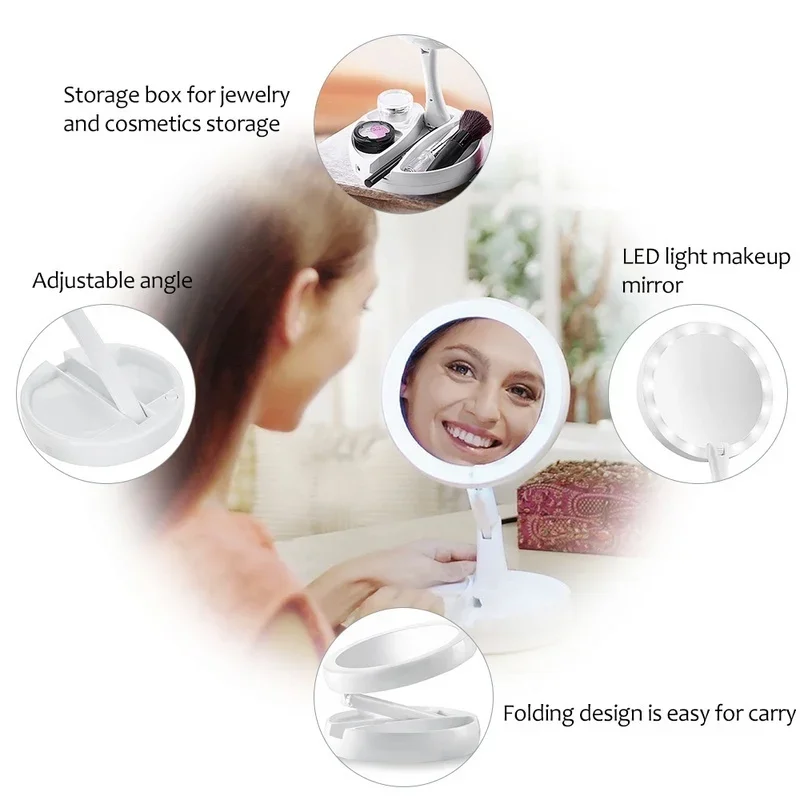 Portable LED Lighted Makeup Mirror Vanity Compact Women Pocket Mirrors Vanity Cosmetic Hand Mirror 10X Magnifying Glasses