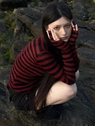 2024 Y2k Aesthetic Striped Thin Sweater Womens Harajuku Knitted O Neck Pullovers Sueter Vintage Irregular Punk Gothic Jumper