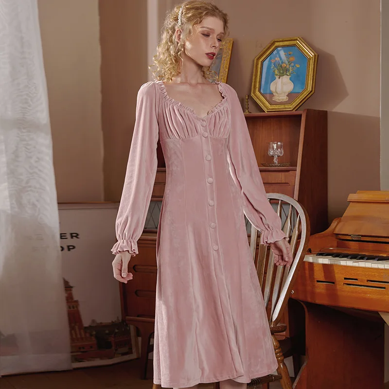 Vintage Winter Button Nightdress Romantic Princess Sleepwear Nightwear Cute Lace Pink Night Dress Women Velvet V Neck Nightgown