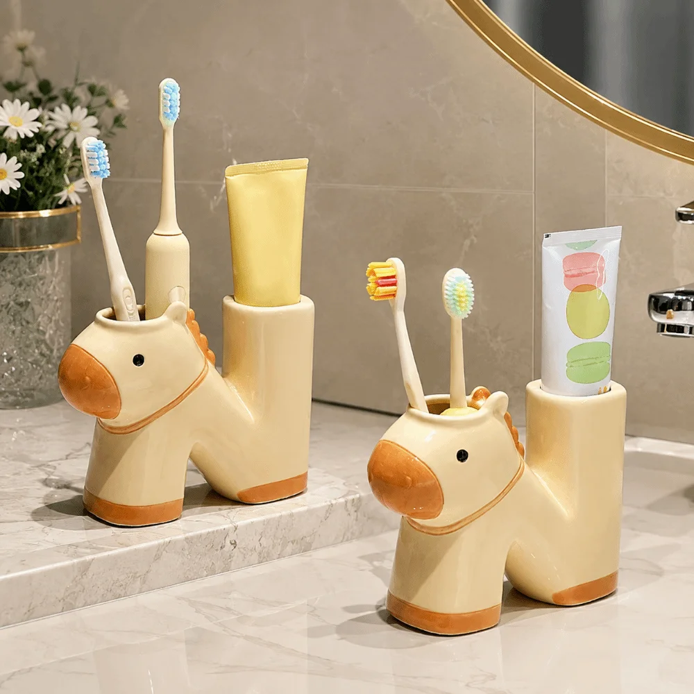 Ceramic Pony Toothbrush Holder 2 Slot Creative Toothpaste Toothbrush Rack Horse Cute Toothbrush Storage Rack Home Decor