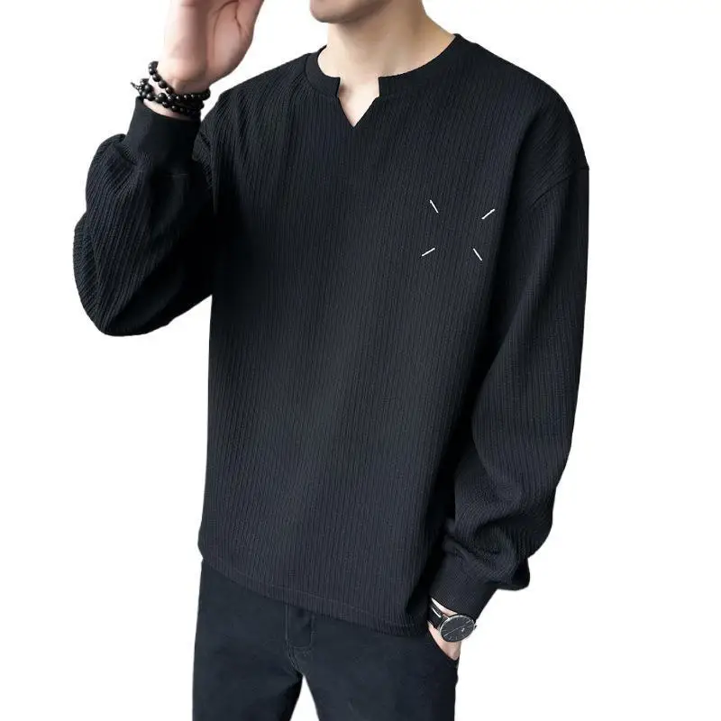 American Vintage Men's Deep V-Neck Bottom Shirt Sweater Loose Pullover Casual T Teen Long Sleeve