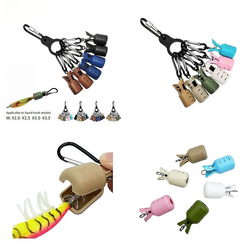 New Squid Jig Bait Protector Kit Size M 6pcs Webfoot Octopus Egi Hooks Cover Cuttlefish Umbrella Lure Cap with Carabiner