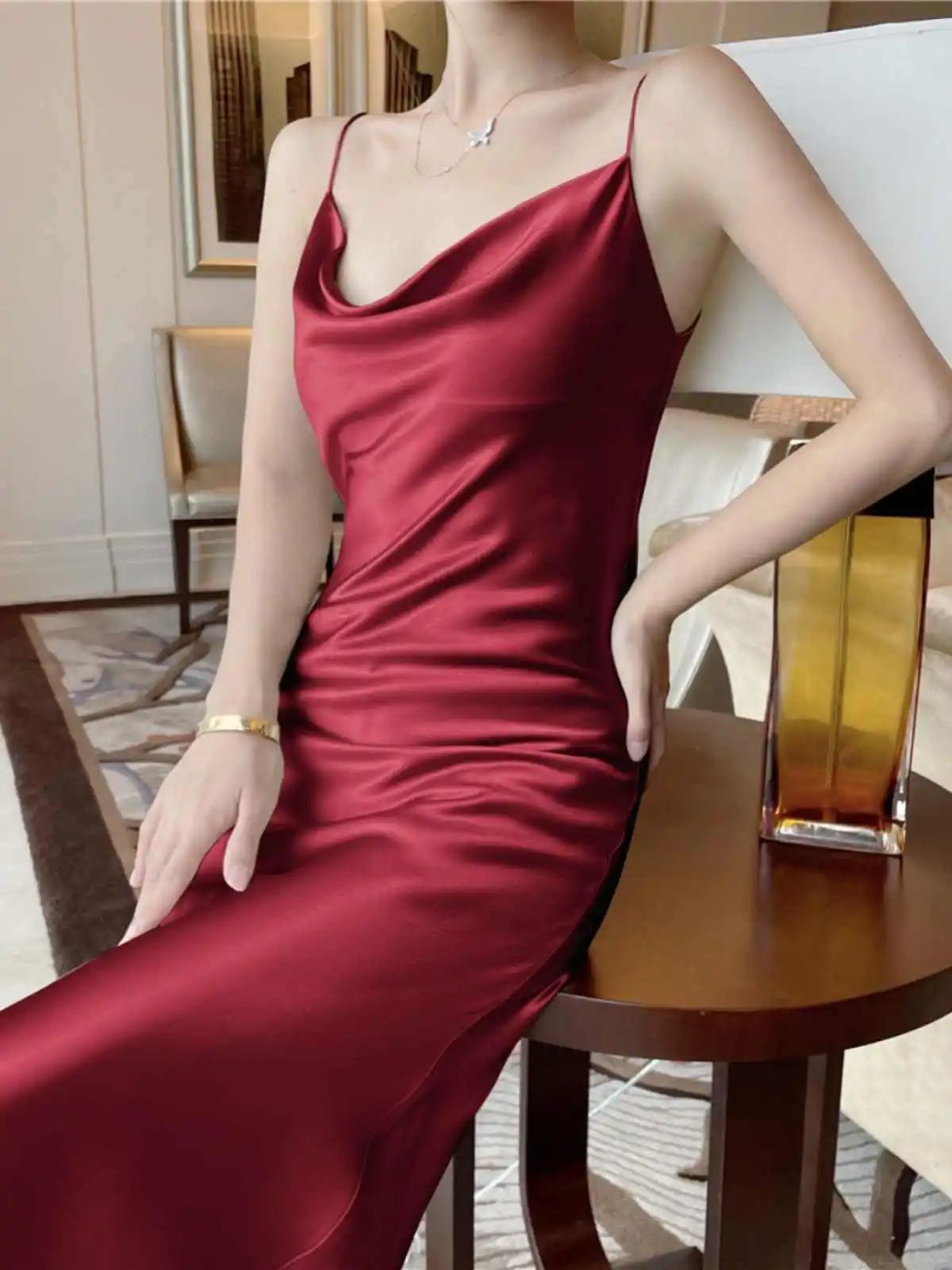 Robe longue française en Satin pour femmes, tenue de soirée, Sexy, col oscillant, plage, couleur unie, polyvalente, Slim, été
