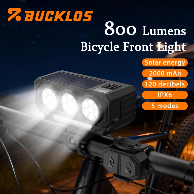 

BUCKLOS 800LM Bicycle Front Lights Solar Charging 2000mAh Bicycle Lights IPX6 Waterproof Bike Headlight 120dB Bike Front Light