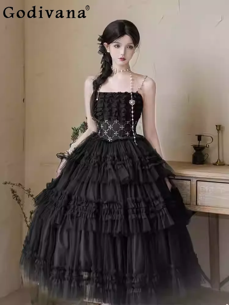 

Elegant Lolita Temperament Slash Neck High Waist Fairy Princess Dress Fashion Age Reduction Party Big Swing Suspender Dresses