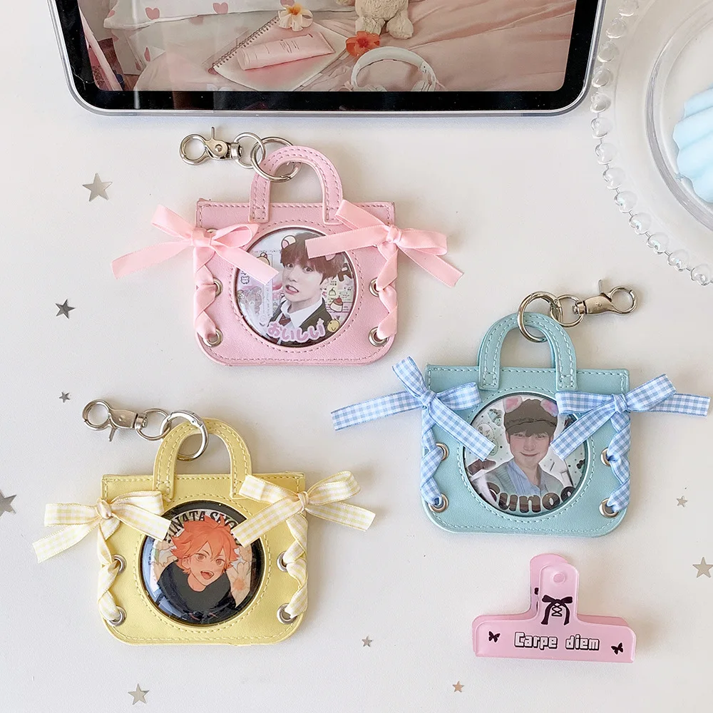 Kpop Fashion Korean Style Mini Bow 3-Inch Photo Card Holder Cute Girl Backpack Decoration Pendant Storage Badge Card Bag Gift