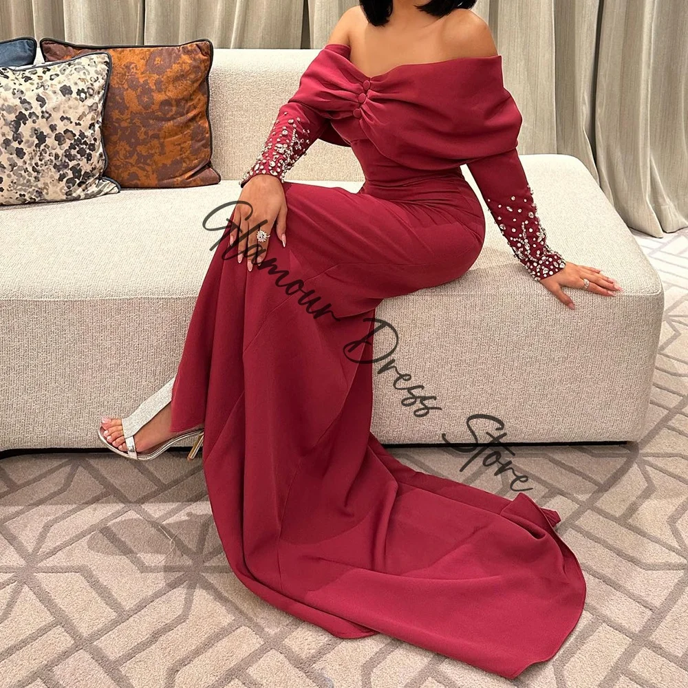 تخصيص رشيقة جيرسي مستقيم قبالة أزرار الكتف و كريستال مساء فستان طويل الأكمام لوحة قطار الأحمر Pr #4