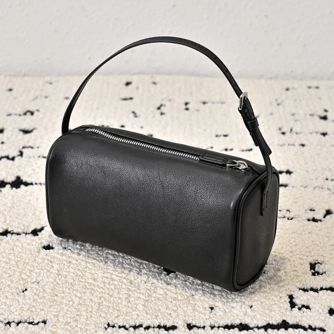 

Mendy Women Genuine Sheepskin Cylinder Bag Soft Lambskin Barrel Clutch Underarm Shoulder Bag Vintage Minimalist Top Handle Purse