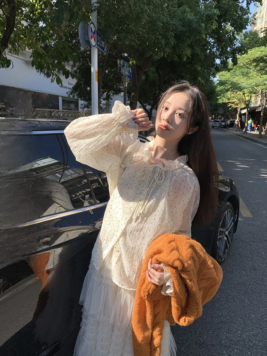 

Sinbounboun Sweet Style Polka Dot Micro Transparent Shirt Women's Lace Base Top Thin Chiffon Belted Long Sleeve Princess Fit