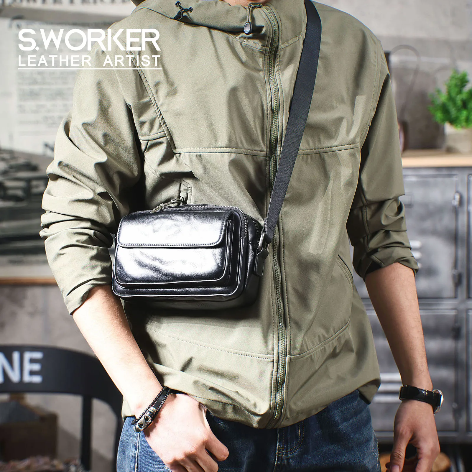 Echte Leder-Brusttasche für Herren, Casual-Umhängetasche aus Rindsleder, Modische Handyhülle, Pflanzlich gegerbtes, gerafftes Leder – Detail 2