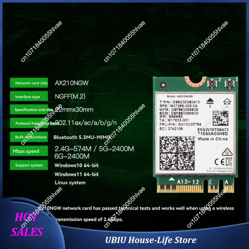 بطاقة واي فاي AX210NGW + هوائي 10Dbi 5374Mbps 2.4G/5G/6Ghz ثلاثي الموجات بلوتوث 5.3 محول شبكة لاسلكية لأجهزة الكمبيوتر المحمول - الأفضل مبيعًا