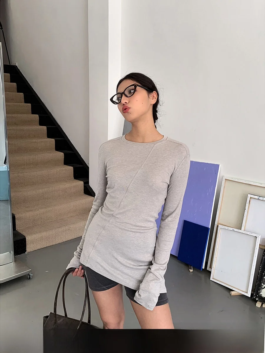 GoGo Burn Grey Wool Long Sleeve round Neck T-Shirt Women's Base Layer Shirt Street Style Slim Fit Autumn New Arrival
