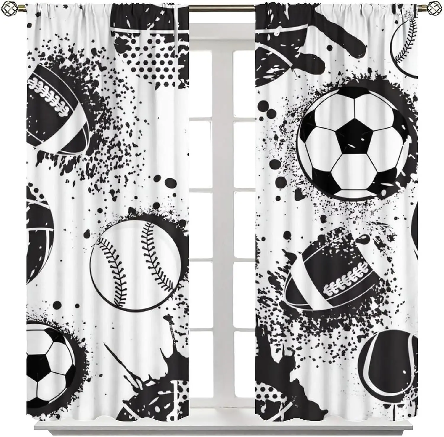 Cool Ink Splash Multisport Ball Theme Curtain 2 Panels White Base Black Graffiti Mixed Ball Print Window Curtain Sport Masculine
