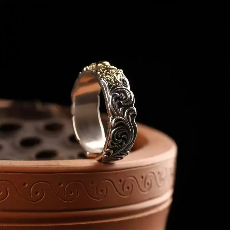 Vintage Relief Lines Flower Ring For Lady Finger Accessories Blessing Gold Silver Collision Vajra Pestle Design Women Jewelry