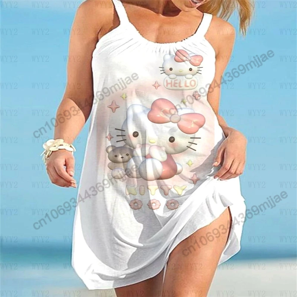 Hello Kitty-Robes de plage à col rond pour femmes, T-shirt Zevity, Haut d'été, Vêtements, Économie, Y2k, Y-for Women, 2023