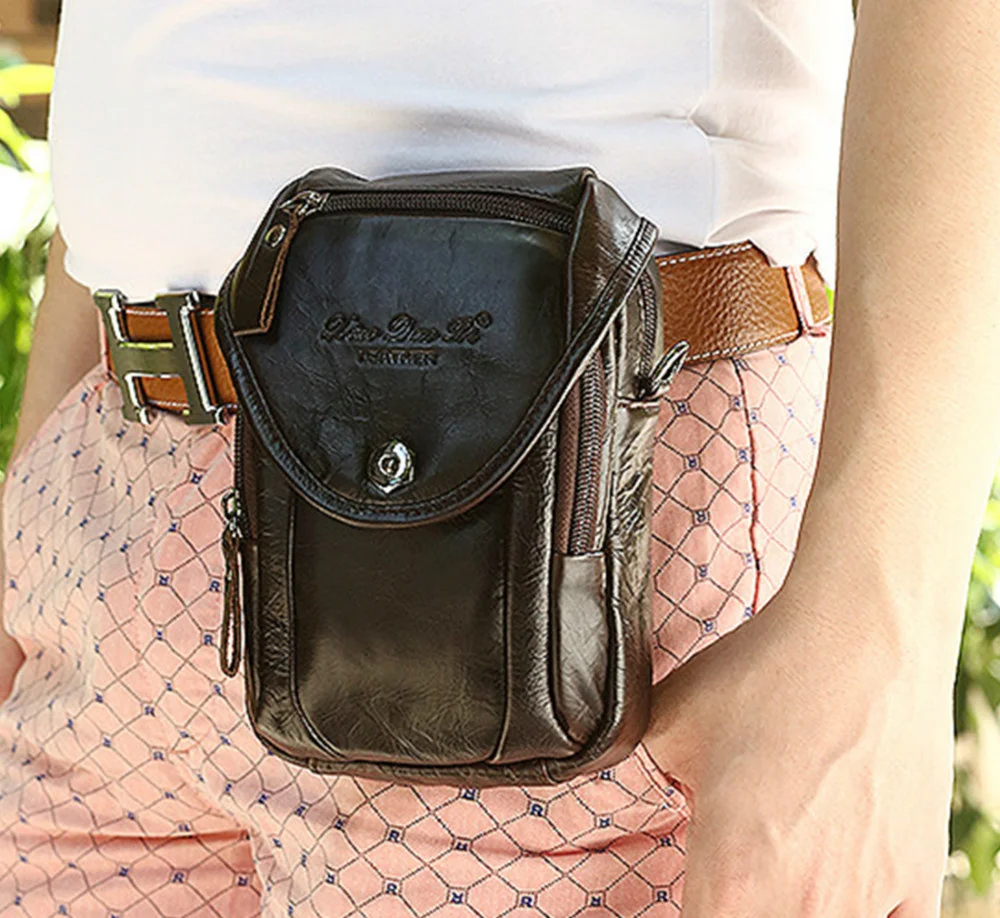 Men Genuine Leather Fanny Waist Pack Small Purse Cigarette Hip Belt Multi-purpose Fashion Real Cowhide Shoulder Cross Body Bag