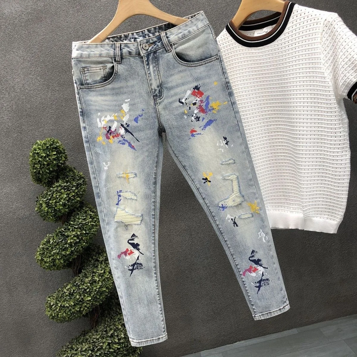 Spring and Autumn New Fashion Trendy Printed Blue Straight Leg Stretch Jeans Men's Casual Slim Fit Sport High Quality Jeans