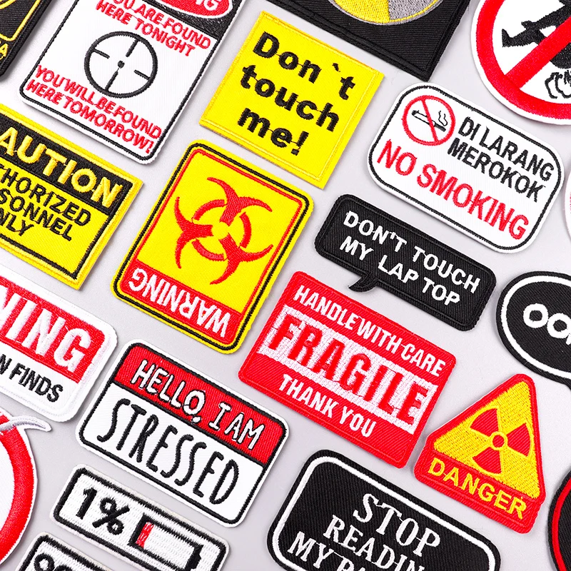 Danger Warning Sign Patch Iron On Patches For Clothing DIY Embroidered Patches On Clothes Sewing Applique Fusible Patch