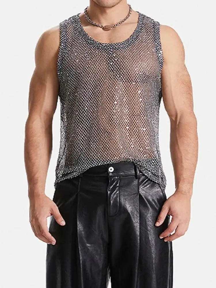 Summer Sequins European and American Hollow Mesh T-Shirt Nightclub Heavy Craftsmanship Perspective Sexy Vest for Men