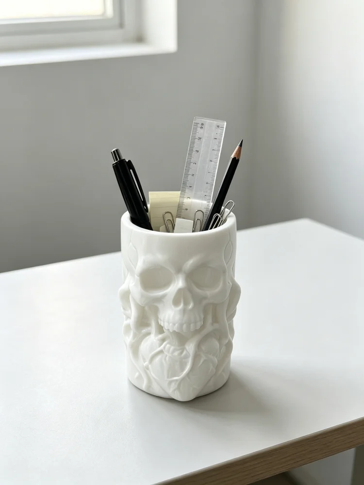 Dark Atmosphere Skull Heart Embossed Pen Holder, Gothic Style Quirky Skeleton Pencil Cup, Matte White Petg Material, Sturdy and Smooth Surface, Desktop Pen Storage Box, Desktop Storage Supplies, Stationery Storage Rack, Home Office Study Desk Organizer, Storage Organizer for Pens, Pencils, Markers, Scissors, Small Stationery Items, Halloween Decorative Ornament, Unique and Novel Office Gift Item