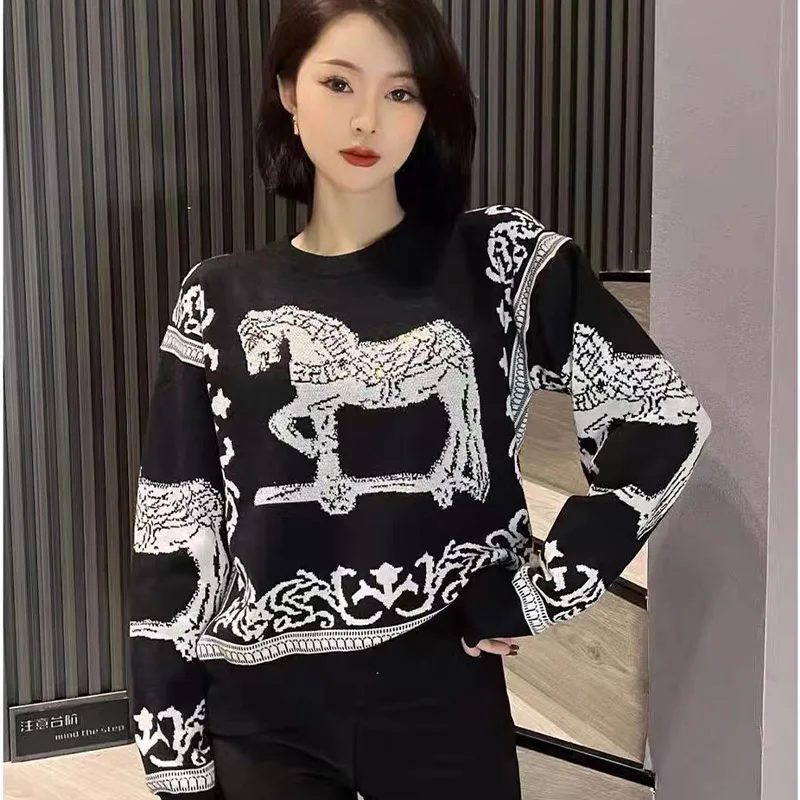 

2024 Autumn Winter Horse Jacquard Knitted Sweaters Women Clothing Vintage Diamonds Fashion Luxury Wool Knitwear Pullover Tops