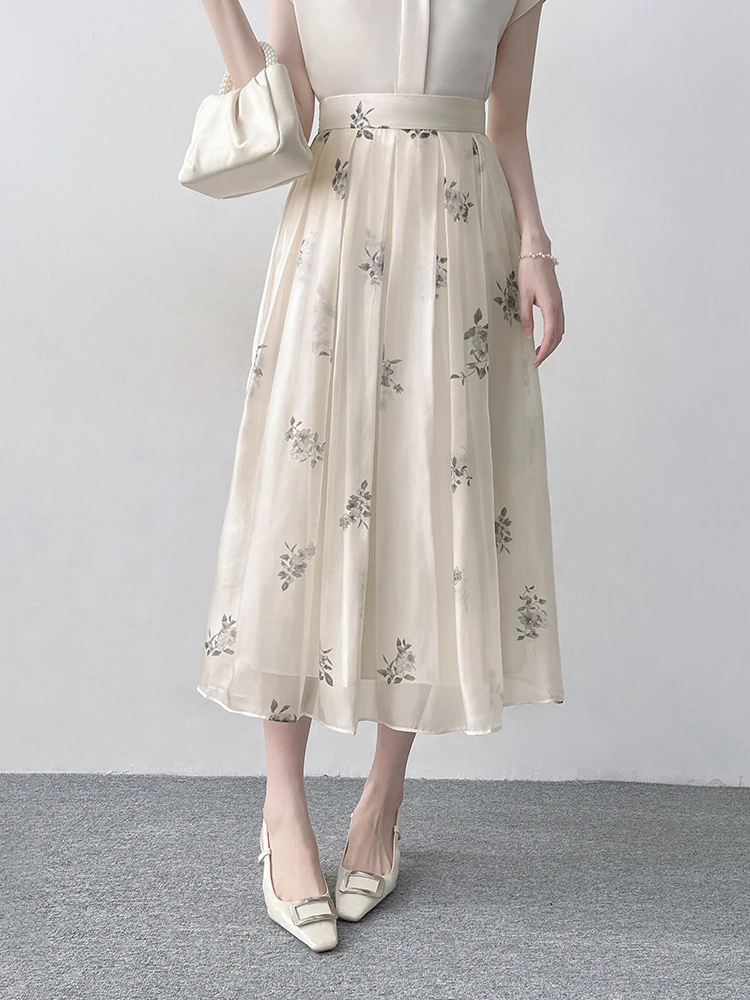 

Романтичная юбка с цветочным принтом для женщин, лето 2025, новая модель, с завышенной талией, А-силуэт, дышащая, приятная для кожи, из полиэфирного волокна