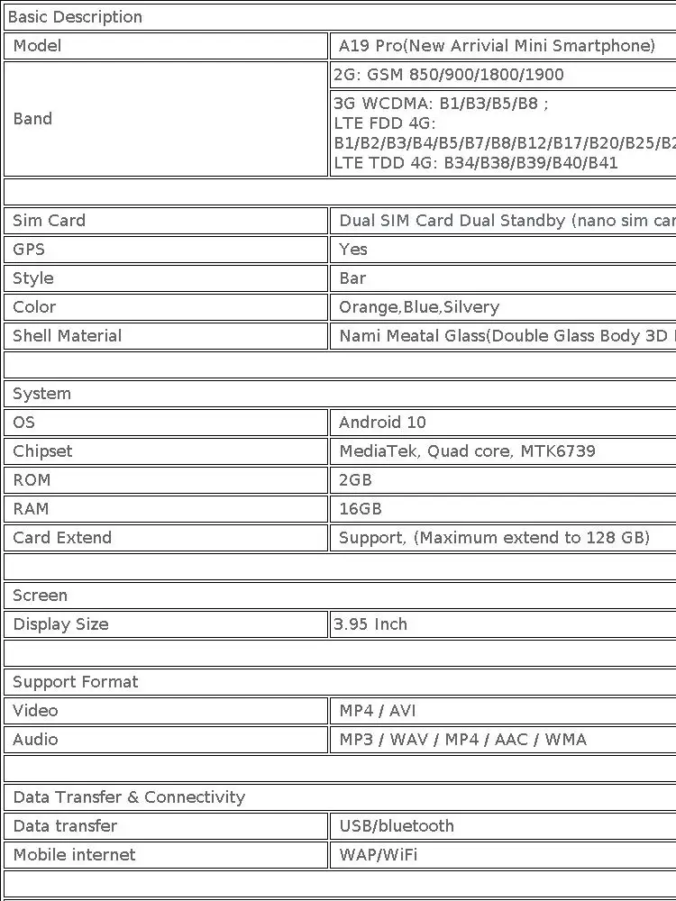 ONEMYTH A19 Pro 3.95" Full Screen 4G LTE Mini Smartphone 2GB RAM 16GB ROM Android 10 Dual SIM 2000mAh Elderly Small Phone