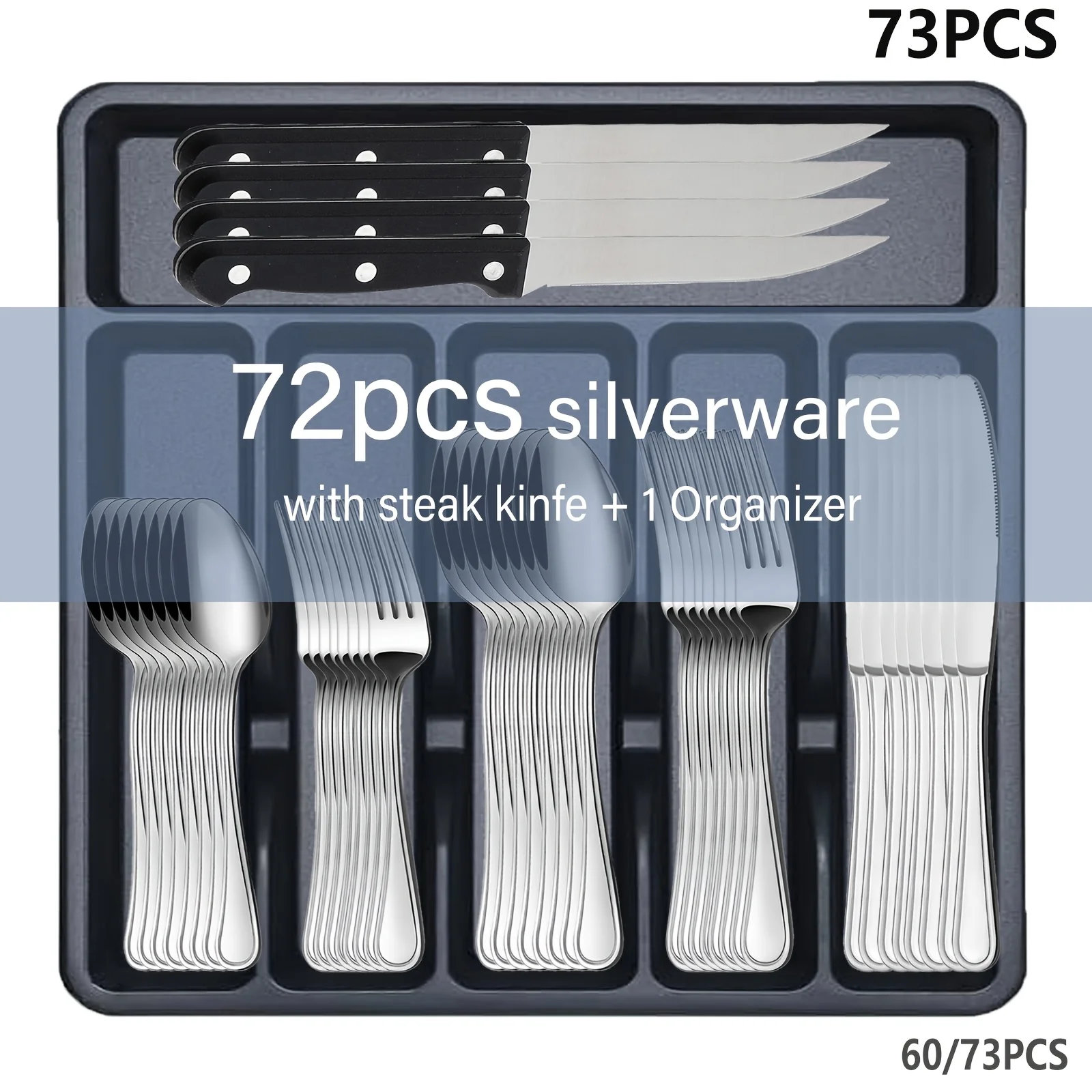 

60/72pcs+1 Storage Box, Stainless Steel Cutlery, Suitable for 12 People; Mirror-polished Kitchen Utensils, Steak Knives, Spoons,