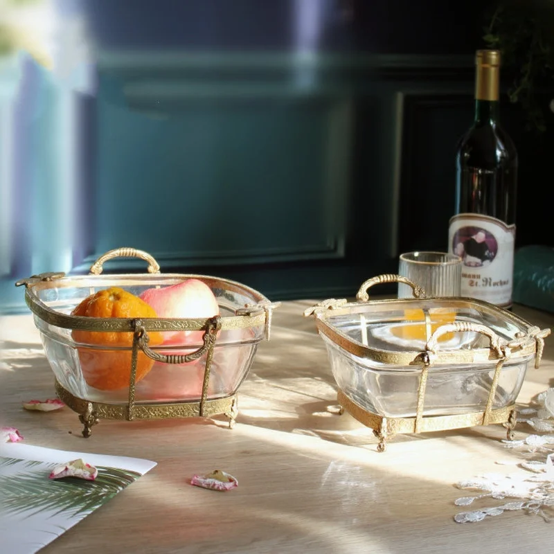 Brass Glass Fruit Bowl Binaural Plate Salad Snack Tray Dried Plates Dessert Dim Sum Decorative