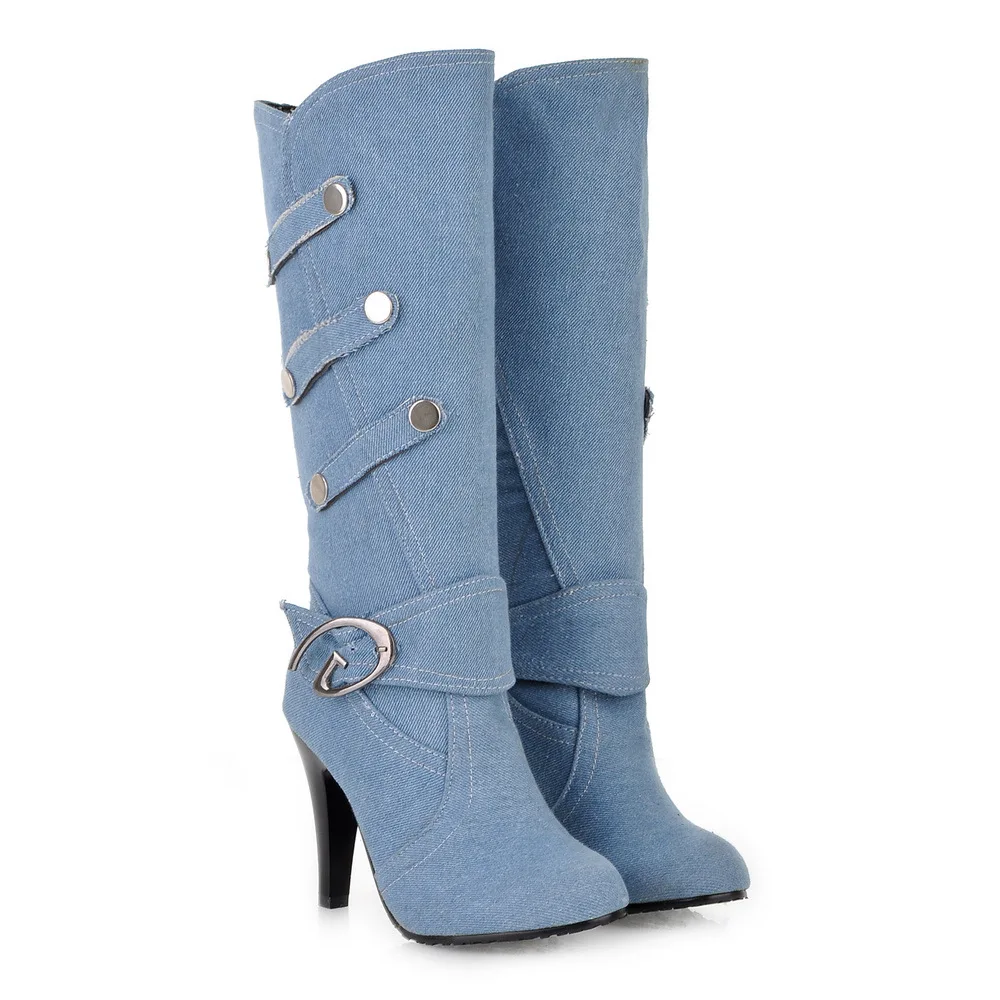 denim high-heeled boots thin heels boots women\'s shoes spring and autumn high-leg boots  boots