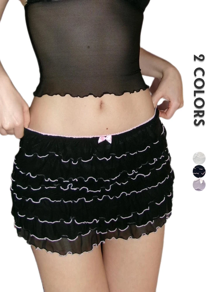 

2024 Women y2k Lace Splice Layered Bodycon Ruffle Elastic Waist Shorts Bow Sweet Kawaii Harajuku Beach Mini Pants Streetwear