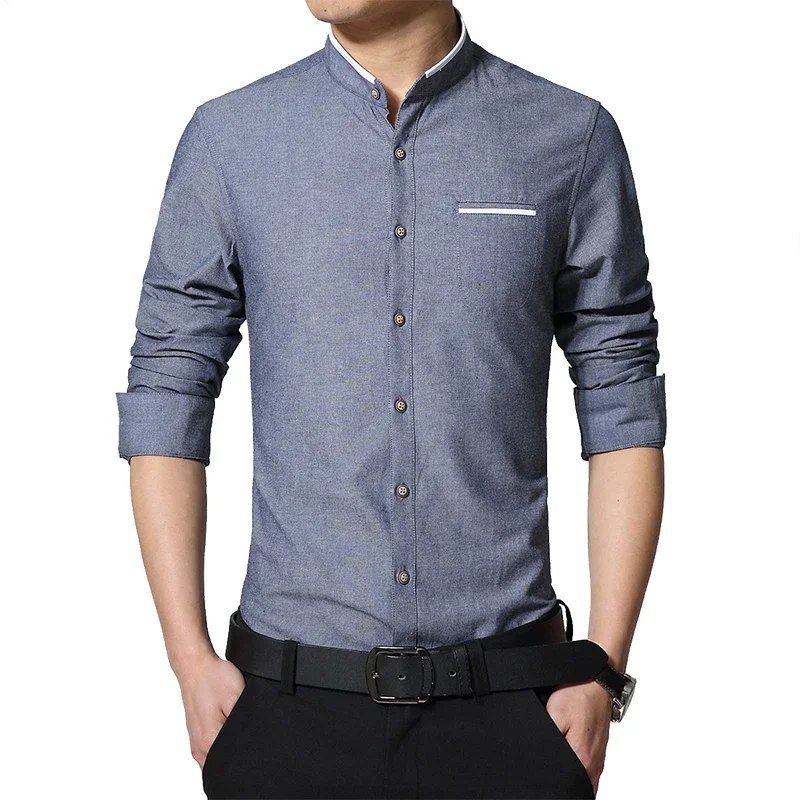 

New Shirt Men Casual Long Sleeve Mandarin Collar Slim Fit Shirts Fashion Mens Business Dress Shirts Four Searsons Plus Size 5XL