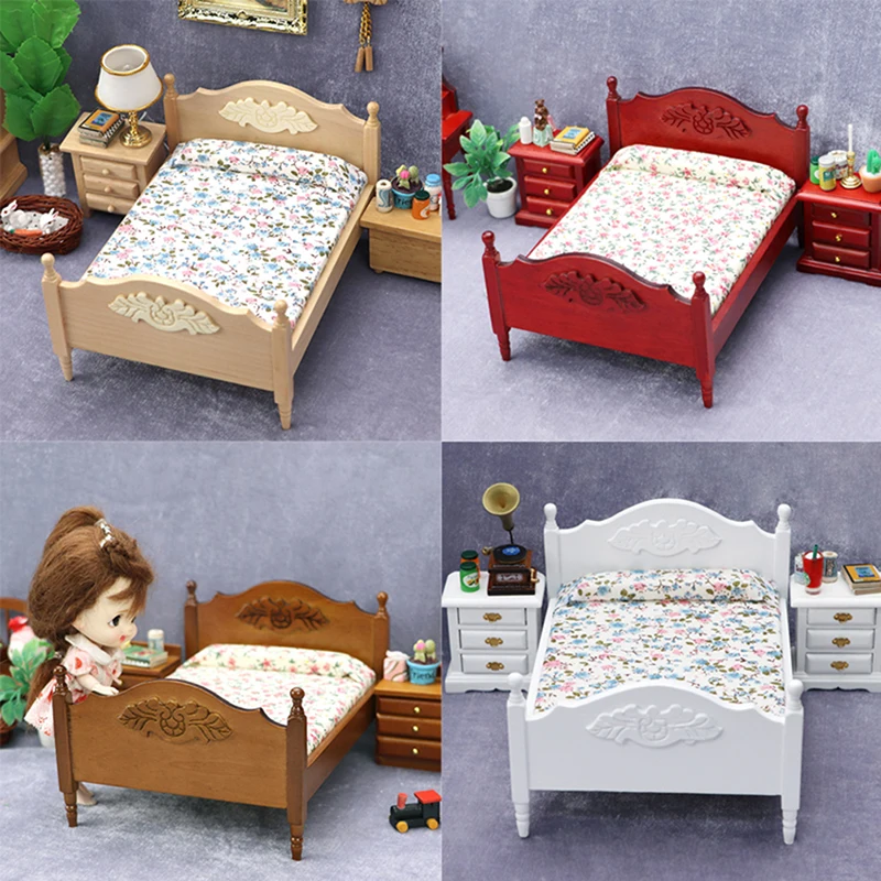 1Pc 1:12 Dollhouse Miniature Bedroom Double Bed European Simulation Furniture Model Living Scene Decor Toy