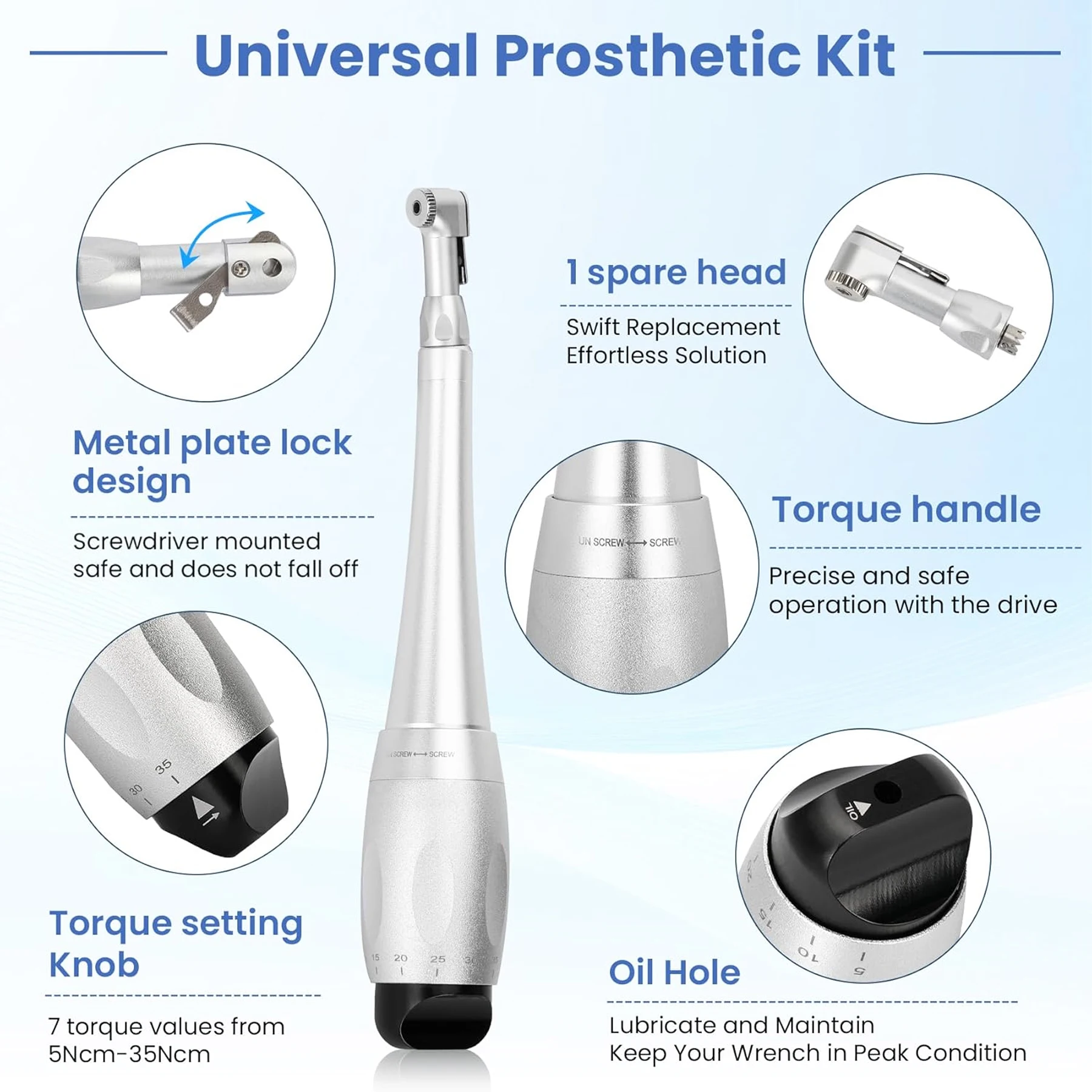 طقم مفاتيح عزم دوران زرع الأسنان SD TORQUE عالمي 16 قطعة مفكات براغي مع حامل