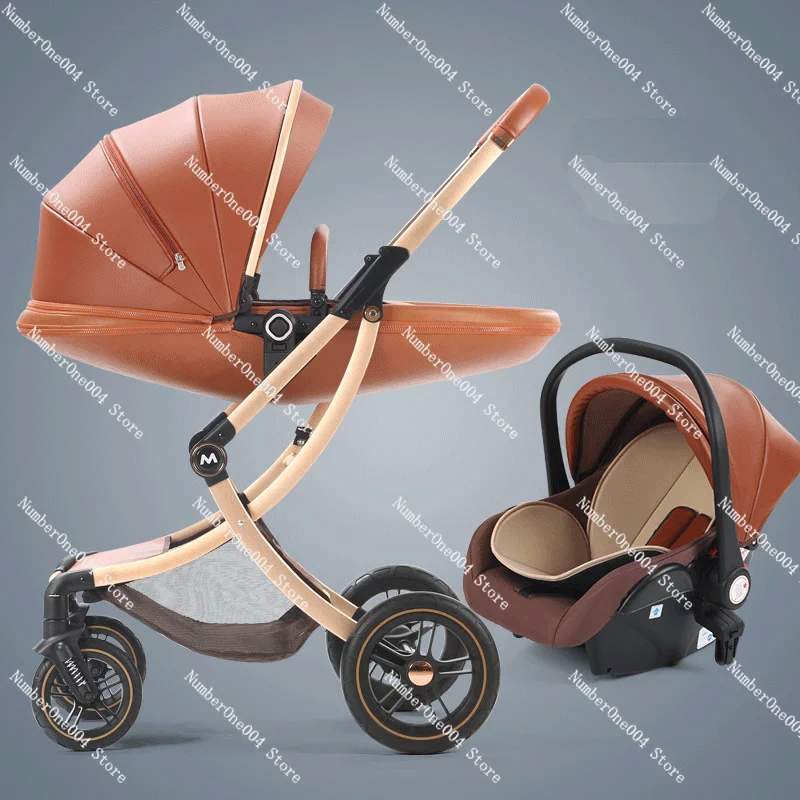 Applicable to Luxury Baby Carriage with Car Seat,Eggshell Newborn Baby Stroller Leather Baby Carriage High Landscape