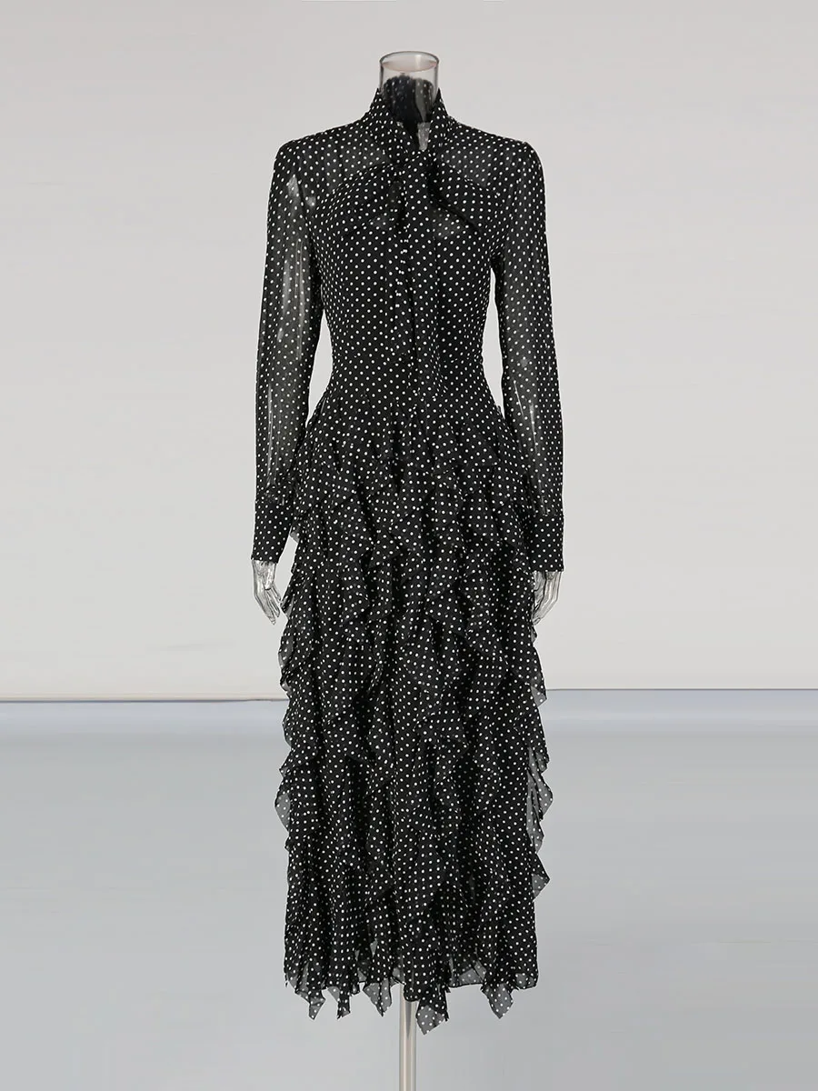 TWOTWINSTYLE pure épissé vague Point robes de mode pour les femmes haute Waneck manches longues Patchwork champignon plis robe femme nouveau