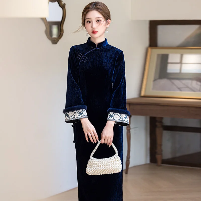Yourqipao Winter Dark Blue Velvet Fleece-lined Thickened Modified Long Cheongsam Chinese Style Evening Dress Qipao for Women