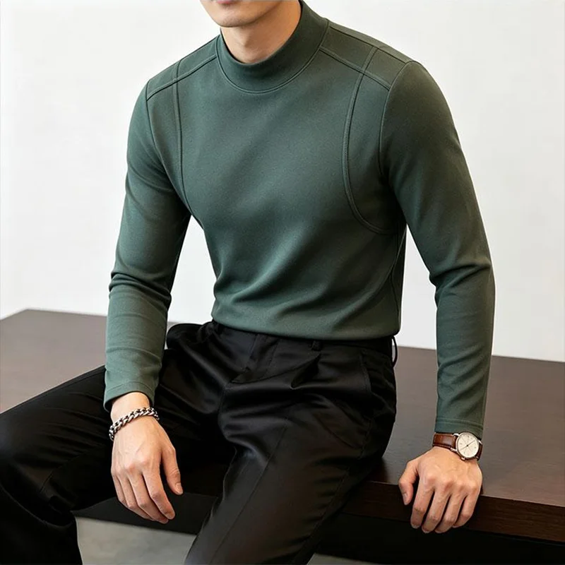 Autumn Winter New Men's Semi High Neck Long Sleeved Velvet T-shirt High Quality Solid Color Slim Fit Casual Elastic T-Shirts