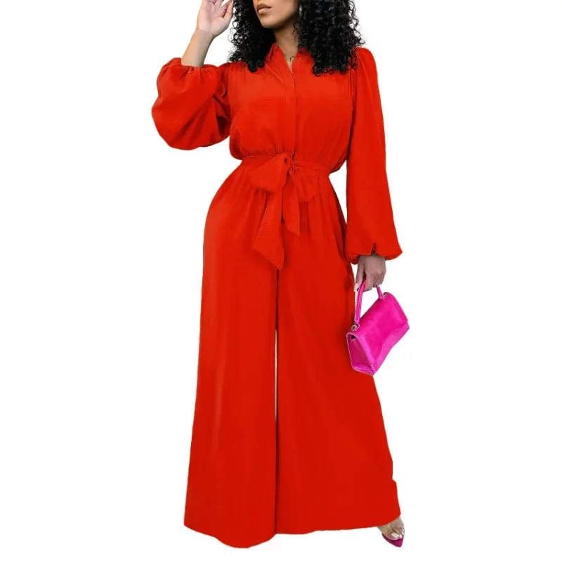 African Clothes for Women Elegant 2025 Autumn Africa Long Sleeve V-neck Green Red Blue Party Evening Long Jumpsuit Outfits S-3XL