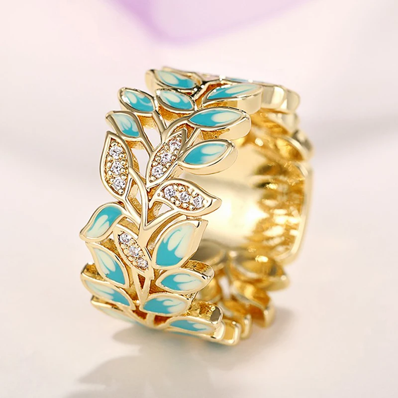 Huitan Unique Design Gradient Enamel Leaf Rings for Women Luxury CZ Wedding Ceremony Party Fancy Bridal Rings New Trendy Jewelry