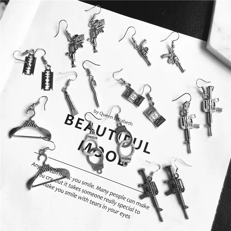 WKOUD Punk Cheap Sliver Handcuffs Blade Gun Drop Earrings Creativity Jewelry Accessories Women Simple Cool Wholesale Pistols