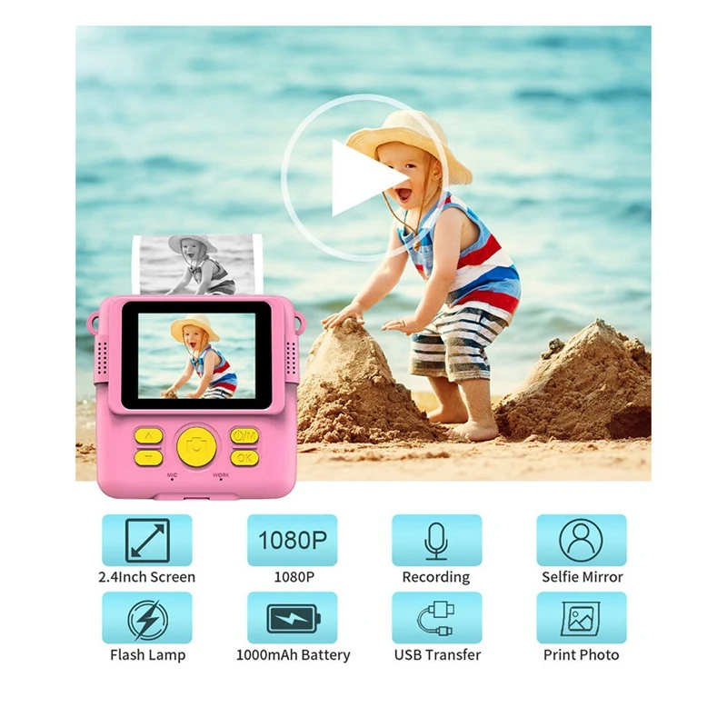 Kids Instant Print Camera , Selfie Digital Camera With 1080P Videos, Portable Travel Camera Toy For Boys Girls