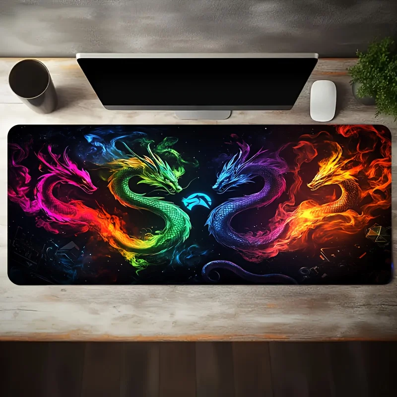 

Большой коврик для стола с нескользящей моющейся резиновой основой для офиса и декора ПК, игровой коврик для мыши с неоновой фэнтезийной сценой четырех драконов