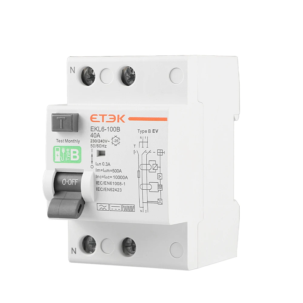 ETEK RCD RCCB Type B Earth Leakage Residual Current Circuit Breaker Evse 2P 4P 40a 63a 100a 30ma 300mA EKL6-100B Din Rail 220V