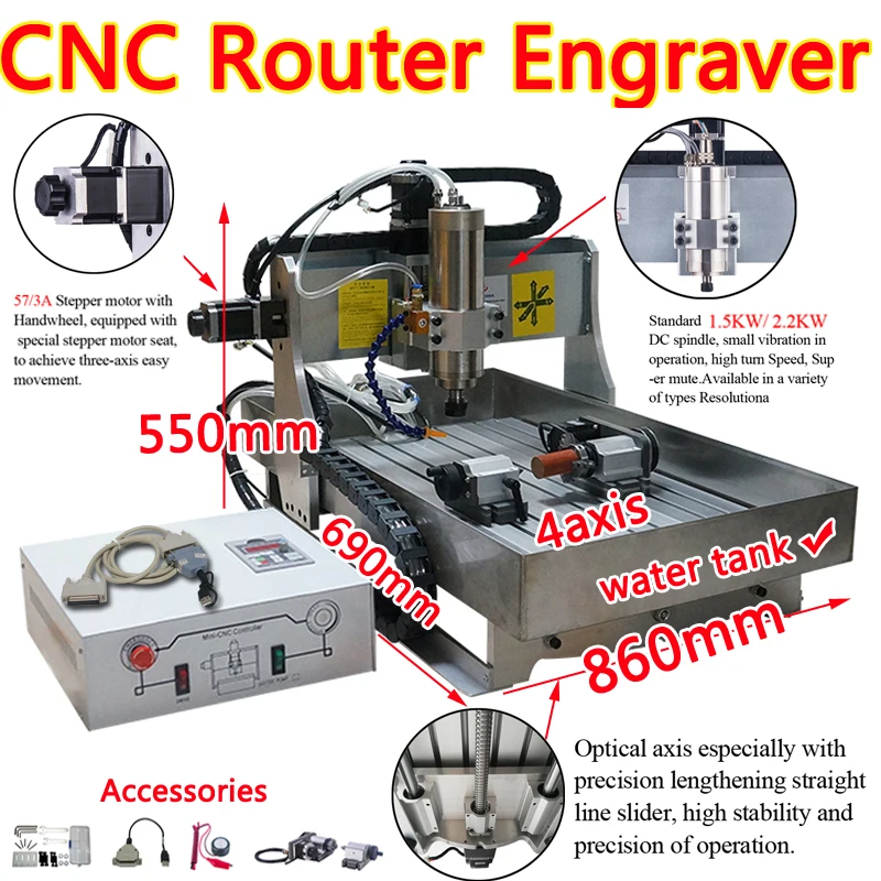 LY-enrutador CNC de 1500W y 2200W, grabador, fresadora USB 6040 con tanque de agua para Metal, piedra, trabajo de madera, modelos de aviones PCB