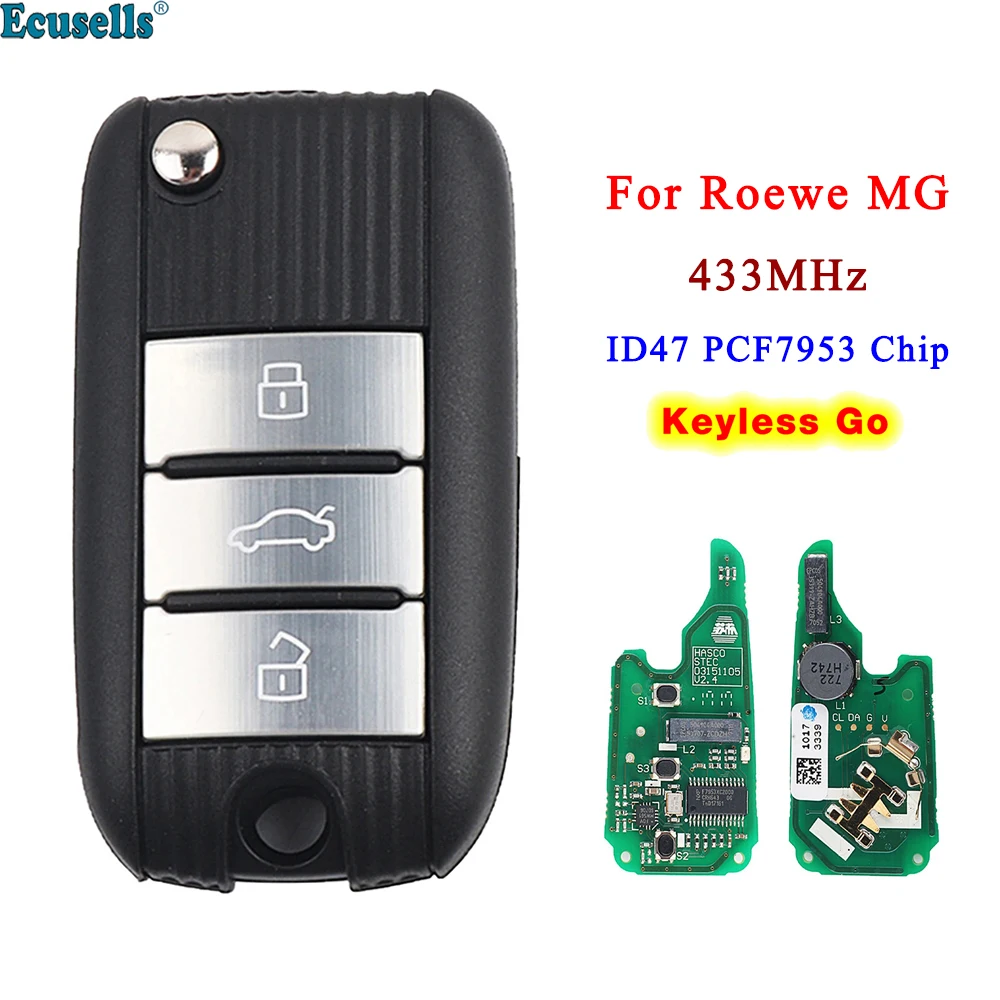 

Ecusells 3 кнопки Smart Keyless Go Remote Key Fob 433 МГц ID47 PCF7953 Чип для MG HS ZTS ZS MG3 MG6 MG5 RX5 RX8 I5 I6